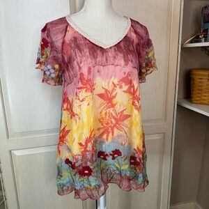 Sundance 100% Silk Embroidered Floral Watercolor Short Sleeve Top